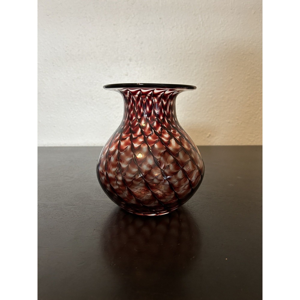 Vintage Signed Larson Art Glass Swirled Textural Brown Mocha 8-3/8" Flower Vase!